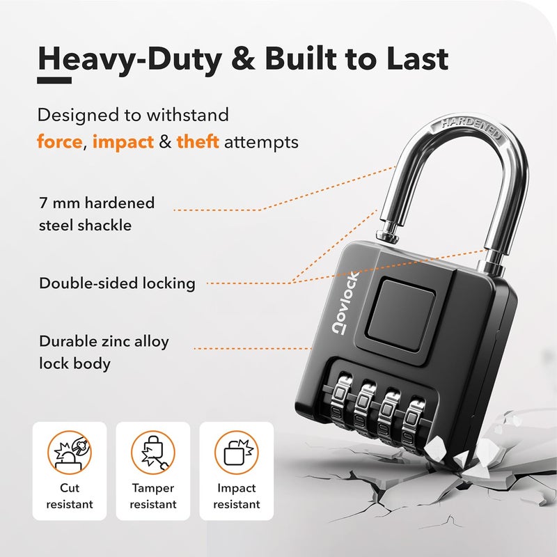 NovLock Combination Lock for Outdoor & Indoor | Heavy Duty, Weatherproof, 4-Digit Security | Padlock for Lockers, Gates, Fences, Sheds, Storage | 1-Pack, Black - Image 4